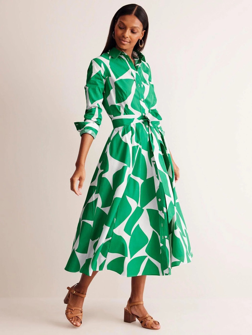 Boden Green and White Abstract Print Midi Shirt Dress
